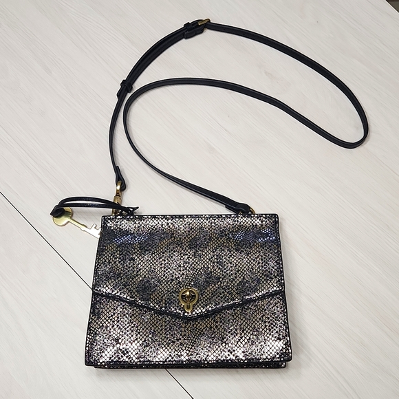 Fossil Leather Metallic Snake Print Cross Body Bag 🌟Black & Silver🌟 - Picture 1 of 13